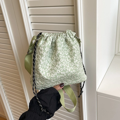 Borsa a Secchiello con Coulisse Jacquard Floreale da Donna Leggera in Poliestere Piccola Borsa a Tracolla Quadrata