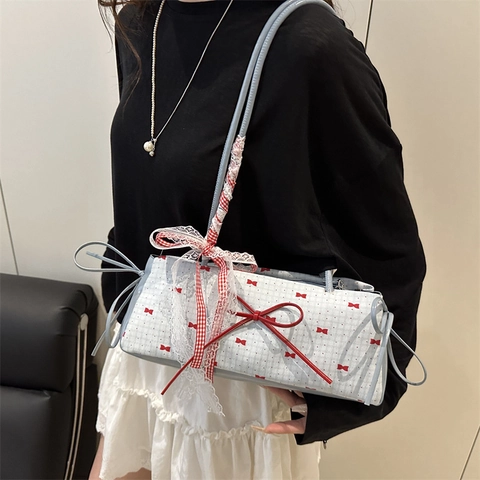 Borsa a Spalla Dolce Giapponese con Fiocco e Pois per Donna Borsa Sottobraccio in Tela con Pizzo Tote Balletcore