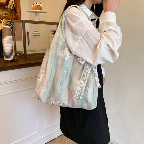 Borsa Tote in Tela da Donna Dolce Ricamo Floreale Fiocco in Pizzo Borsa a Tracolla Grande Capacità Casual Commuting Borsa Sottobraccio