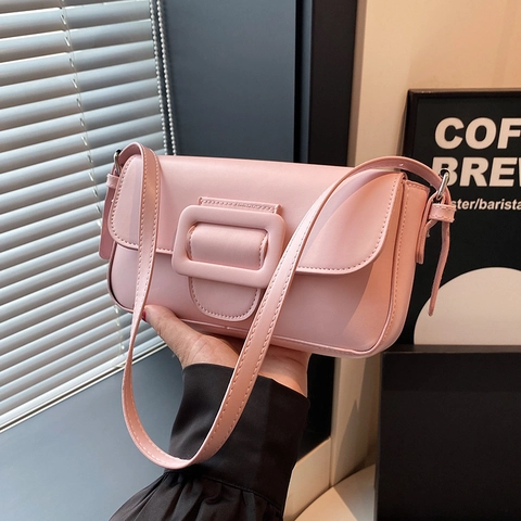 Damen Minimalistische PU Leder Unterarmtasche Mode Einfarbig Schultertasche Mit Großer Quadratischer Schnalle Baguette Tasche