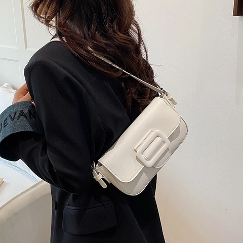 Damen Minimalistische PU Leder Unterarmtasche Mode Einfarbig Schultertasche Mit Großer Quadratischer Schnalle Baguette Tasche