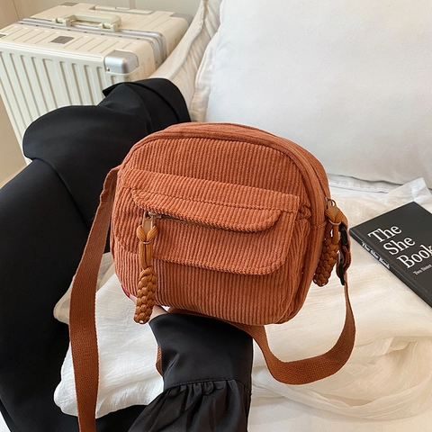 Women Corduroy Small Crossbody Bag Trendy Casual Student Shoulder Bag Square Flap Messenger Bag With Woven Zipper Pull