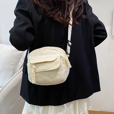 Women Corduroy Small Crossbody Bag Trendy Casual Student Shoulder Bag Square Flap Messenger Bag With Woven Zipper Pull