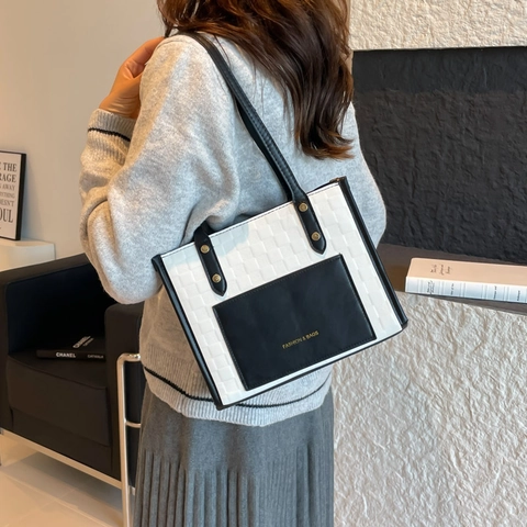 Bolso de Mano para Mujer Bloque de Color Diseño de Tablero Ajedrez Relieve Gran Capacidad Cuero PU Moda Bolso de Hombro Elegante
