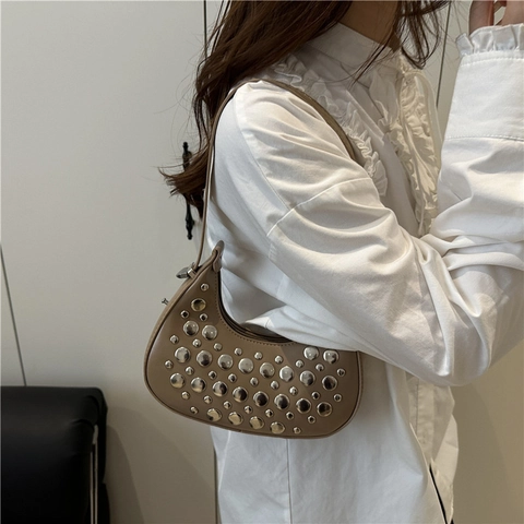 Women Rivet Hobo Bag PU Leather Moon Shoulder Bag Silver Studded Retro Underarm Bag Trendy Commuter Handbag Solid Color Bag