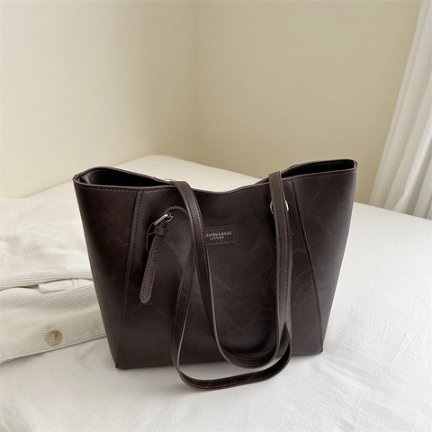 Women Large Capacity PU Leather Tote Bag Commuting Shoulder Bag Retro Solid Color Handbag With Adjustable Straps For Work Daily