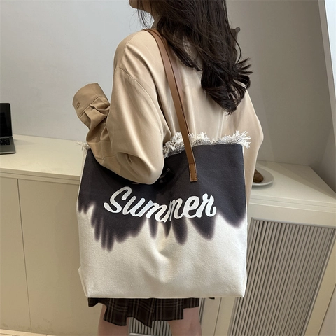 Borsa Tote in Tela da Donna Grande Capacità Summer Stampa di Lettere Sfumata Tie-Dye Borsa a Spalla con Frange Borsa Casual da Spiaggia