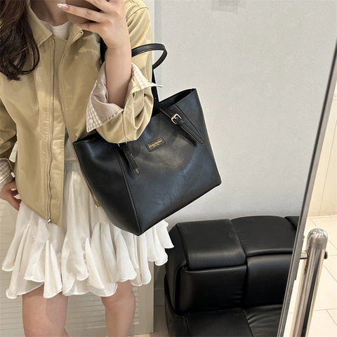 Women Large Capacity PU Leather Tote Bag Commuting Shoulder Bag Retro Solid Color Handbag With Adjustable Straps For Work Daily