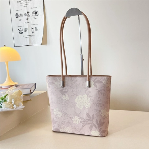 Bolsa de Compras para Mujer Estilo Chino Estampado Floral Gran Capacidad Bolso de Hombro de Cuero PU Moda Retro Uso Diario