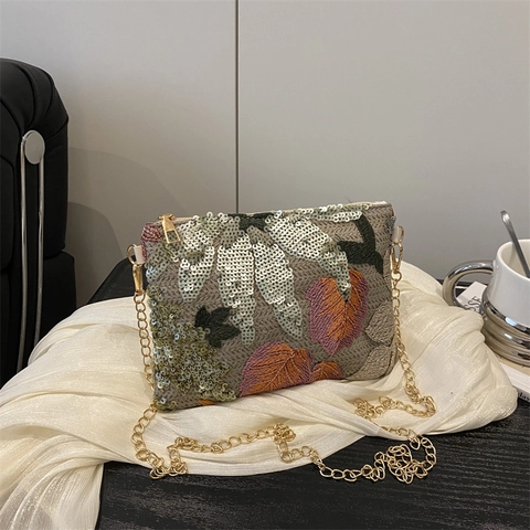 Damen Pailletten Stickerei Clutch Abendtasche Party Umhängetasche Mit Metallkette Elegantes Nischen Design Blumen Umschlag Handtasche