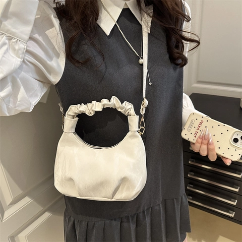 Women Fashion PU Leather Ruffled Handle Hobo Crossbody Bag French Minimalist Small Handbag With Detachable Shoulder Strap