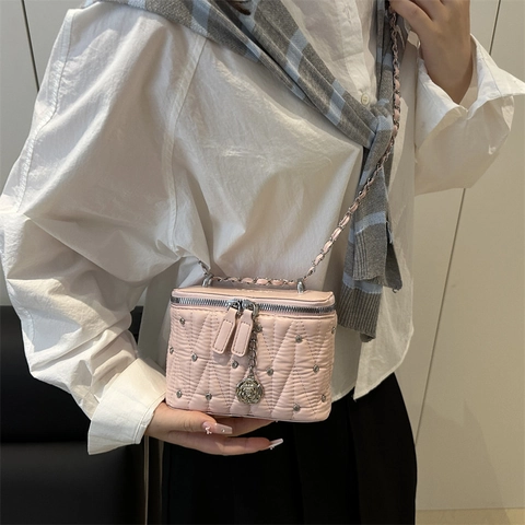 Women Fashion Quilted Rhombus Box Bag PU Leather Chain Strap Crossbody Bag With Camellia Pendant Simple Summer Vanity Case