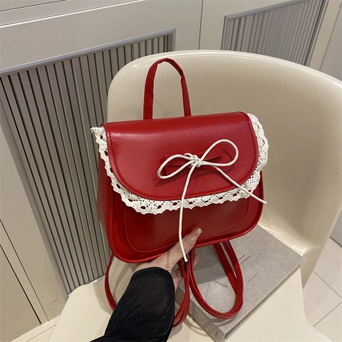 Women Mini PU Leather Backpack Vintage Sweet Lace Trim Bow Small Shoulder Bag Fashion Lolita Style Solid Color Backpack