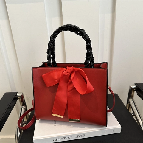 Trendy Women PU Leather Square Handbag With Elegant Satin Bow Braided Handle Crossbody Shoulder Bag Elegant Fashion Tote Bag