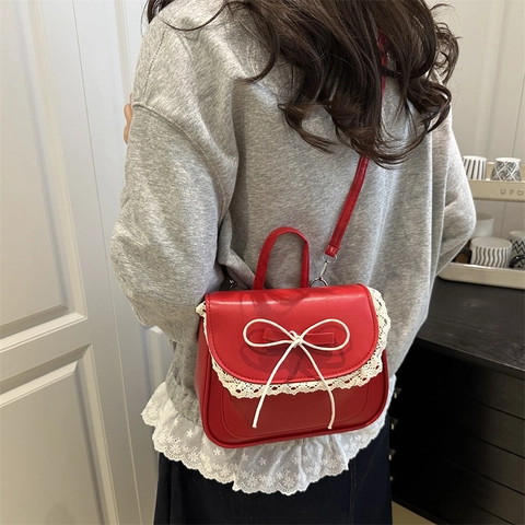 Women Mini PU Leather Backpack Vintage Sweet Lace Trim Bow Small Shoulder Bag Fashion Lolita Style Solid Color Backpack