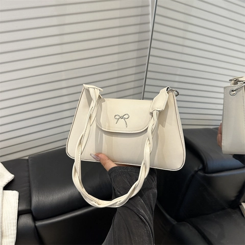 Borsa Sottobraccio da Donna in Pelle PU Fiocco in Metallo Manico Intrecciato Borsa a Tracolla Piccola Borsa Quadrata Quotidiana Versatile