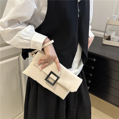 Women Fashion Envelope Clutch Bag Suede Texture Leopard Print Square Buckle Wrist Strap Casual Handheld Purse