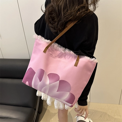 Borsa Tote in Tela a Grande Capacità per Donna Bordo Sfrangiato Stampa Floreale Borsa a Tracolla Casual Borsa da Spiaggia Viaggio