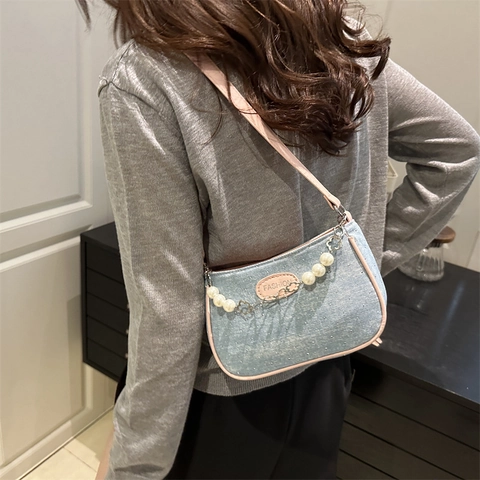 Mode Dames Denim Crossbody Tas Met Kunstparel Ketting Metalen Bloem Decor Retro Denim Schoudertas Dagelijkse Vierkante Tas