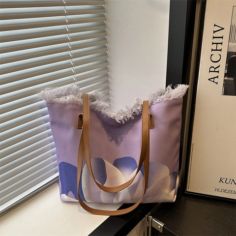 Women Fashion Canvas Tote Bag With Frayed Edge Abstract Floral Print Large Capacity Casual Shoulder Bag With Leather Handles