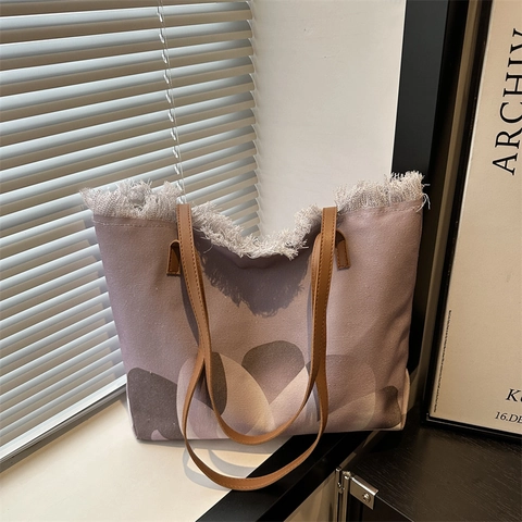 Women Fashion Canvas Tote Bag With Frayed Edge Abstract Floral Print Large Capacity Casual Shoulder Bag With Leather Handles