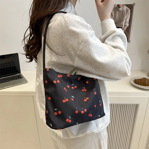 Dames Kersendruk Schoudertas Koreaanse Stijl Canvas Grote Capaciteit Onderarm Tote Bag Casual Student Handtas Woon-Werkverkeer Shopper