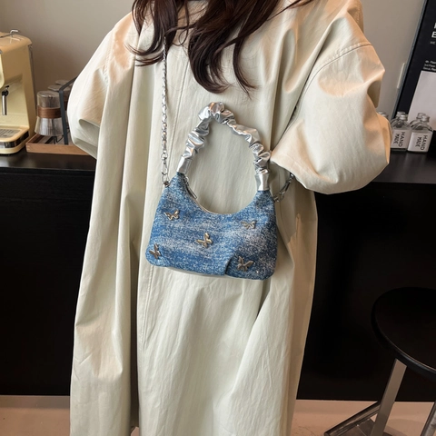 Sac à Main en Denim Papillon Pour Femmes Style Y2K Petit Sac Bandoulière Avec Poignée Plissée Argentée Chaîne en Métal Polyvalent