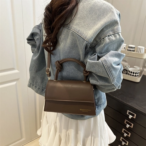 Fashion Women PU Leather Knotted Handle Handbag Small Square Flap Crossbody Shoulder Bag For Daily Use Minimalist Style