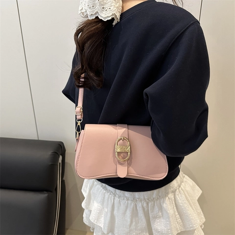Bolso Baguette de Cuero PU Vintage para Mujer Estilo Francés Hebilla de Metal Dorado Bolso Bandolera Casual con Solapa