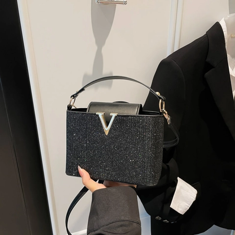 Borsa a Mano da Donna alla Moda con Paillettes e Fibbia a V in Metallo Borsa a Tracolla Glitterata Elegante da Lavoro per Feste
