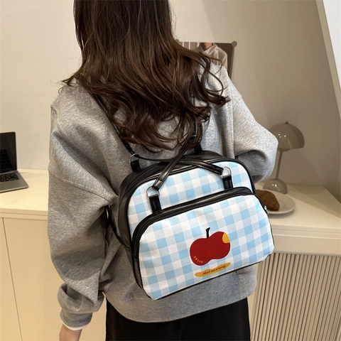 Mochila Vichy de Estilo Coreano Lindo con Estampado de Manzana para Mujer Gran Capacidad Color de Contraste PU Bolso de Hombro Casual