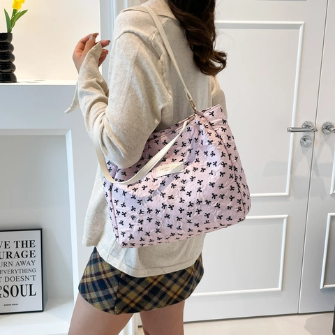 Bolso Tote de Lona Estampado con Lazo De Tendencia Bolso de Hombro Gran Capacidad para Universitarias Viaje Diario Mano