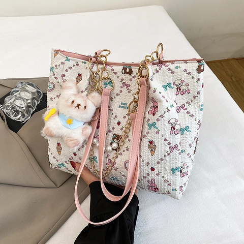 Borsa Tote a Spalla Stampa Orso Cartone Animato Coreana Grande Capacità Tessuto Composito Pendolare Borsetta da Donna di Nicchia