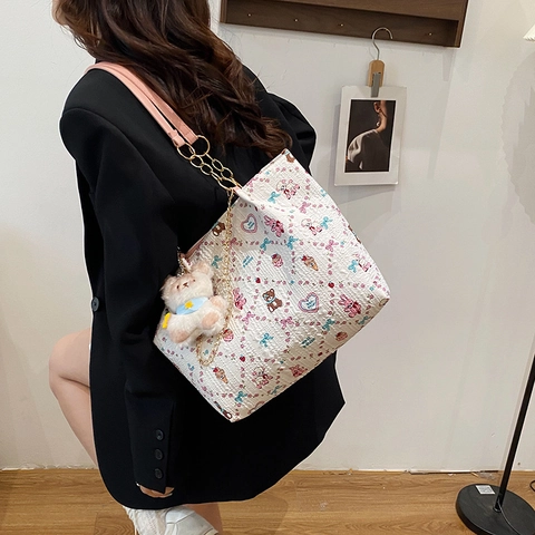 Borsa Tote a Spalla Stampa Orso Cartone Animato Coreana Grande Capacità Tessuto Composito Pendolare Borsetta da Donna di Nicchia