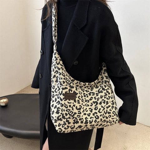 Borsa Tote in Velluto a Coste Leopardato da Donna Grande Capacità Vintage Borsa a Tracolla Con Patch in Pelle Fashion Borsa Casual