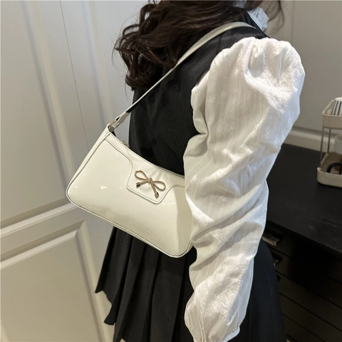 Fashion Women Bow Glossy PU Underarm Bag Chic Patent Leather Look Shoulder Bag Small Baguette Handbag Flower Zipper Pull