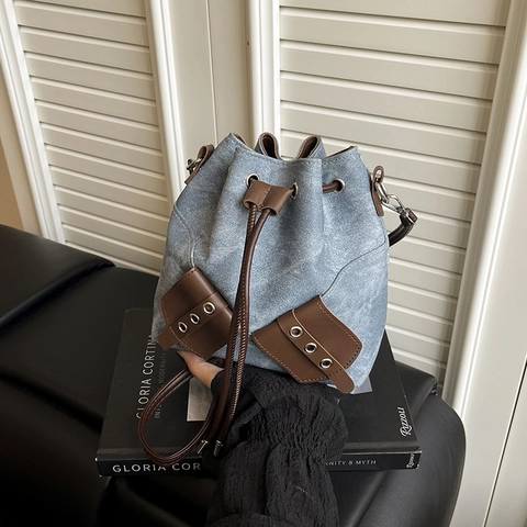 Vintage Canvas Emmertas Voor Dames Retro Trekkoord Crossbody Tas Met PU Leren Trim Veelzijdige Schoudertas Voor Dagelijks Gebruik