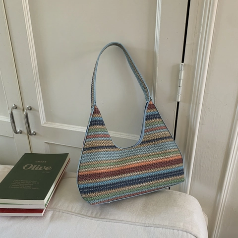 Korean Style Hand-Woven Striped Underarm Bag For Women Bohemian Vacation Beach Casual Shoulder Bag With Zipper Closure