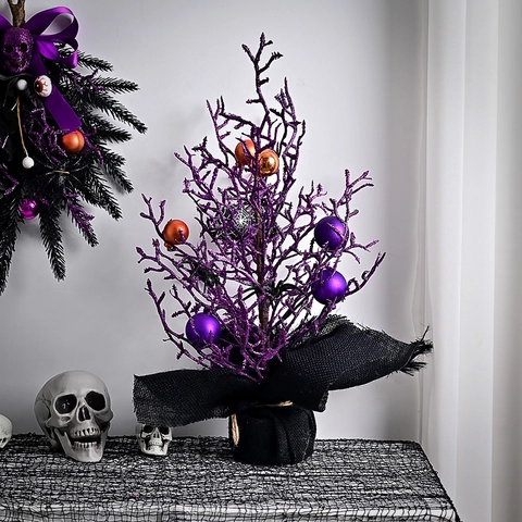 Decorazione di Halloween Albero Glitterato Viola Nero Simulazione Scheletro Teschio Ornamento Centrotavola Casa Stregata per Festa Decorazione Domestica