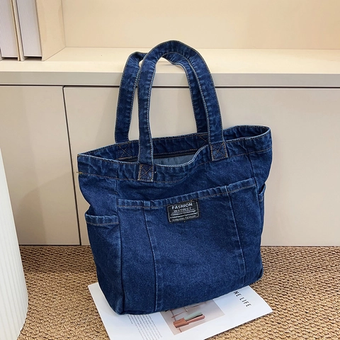 Vrouwen Denim Tote Bag Grote Capaciteit Casual Retro Schoudertas Met Meerdere Zakken Woon-werkverkeer School Handtas