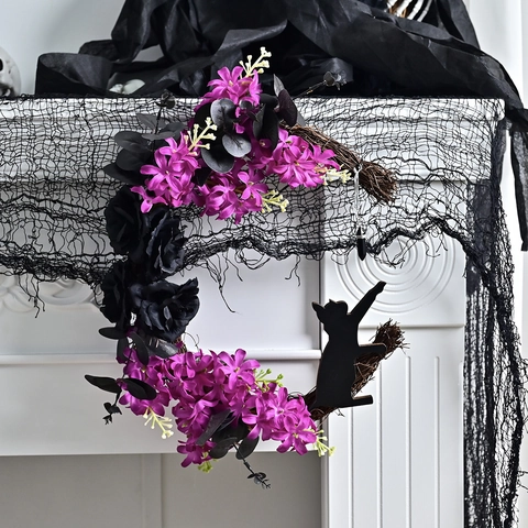 Halloween Mondkranz Künstliche Schwarze Rose Katze Silhouette Gothischer Kranz Für Haustür Aufhängung Zuhause Halloween Party Deko