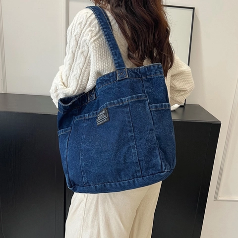 Vrouwen Denim Tote Bag Grote Capaciteit Casual Retro Schoudertas Met Meerdere Zakken Woon-werkverkeer School Handtas