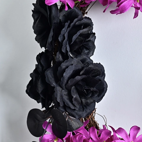 Halloween Mondkranz Künstliche Schwarze Rose Katze Silhouette Gothischer Kranz Für Haustür Aufhängung Zuhause Halloween Party Deko