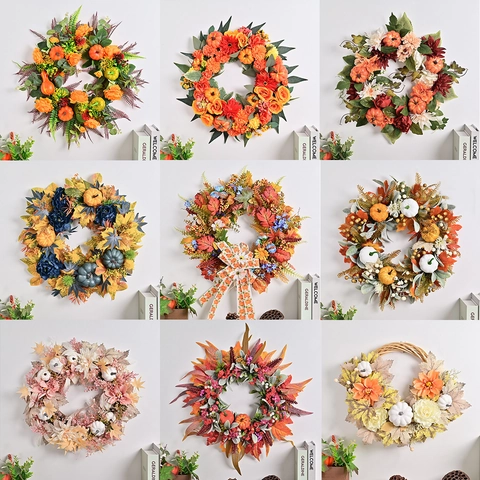 Ghirlanda Autunnale Artificiale con Zucca e Foglie di Acero per Ringraziamento Halloween Decorazione da Porta Vintage Festival del Raccolto