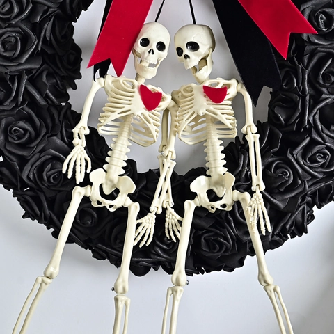Gothisch Halloween Skelett Rosenkranz Schwarze Blumen Rote Schleife Skelett Paar Tür hängen Dekoration Für Party Home Dekor