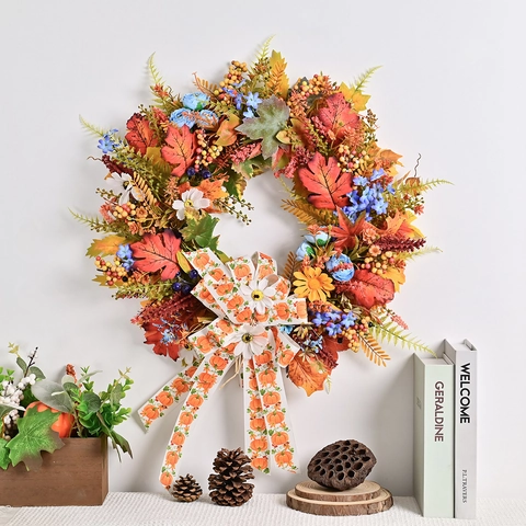 Ghirlanda Autunnale Artificiale con Zucca e Foglie di Acero per Ringraziamento Halloween Decorazione da Porta Vintage Festival del Raccolto
