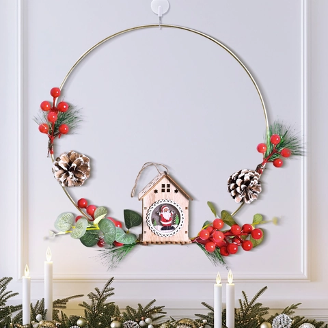 Ghirlanda di Natale Anello in Metallo Con Casetta in Legno Pigne Bacche Rosse Babbo Natale Pupazzo di Neve Decorazione Festa