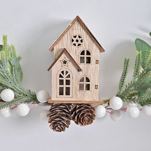 Ghirlanda Natalizia Decorazione Anello di Metallo Con Eucalipto Artificiale Pigna Miniatura Casa in Resina Luce LED Ornamento Sospeso