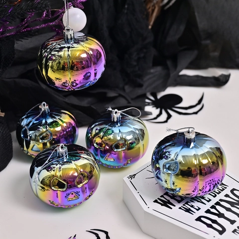 Iridescent Halloween Pumpkin Hanging Ornaments Ghost Face Jack-O-Lantern Electroplated Plastic Balls For Party Decoration