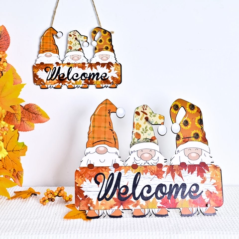 Segnale di Benvenuto Gnomo Ringraziamento Autunnale Ornamento in Resina Foglia d'Acero Girasole Cappello Plaid Decorazione Casa